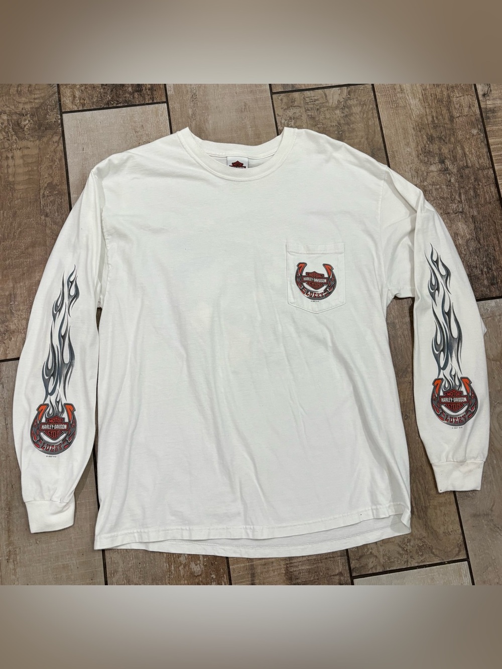 Harley-Davidson Milwaukee WI "Lucky" Graphic White Long Sleeve Shirt Size XL Y2K